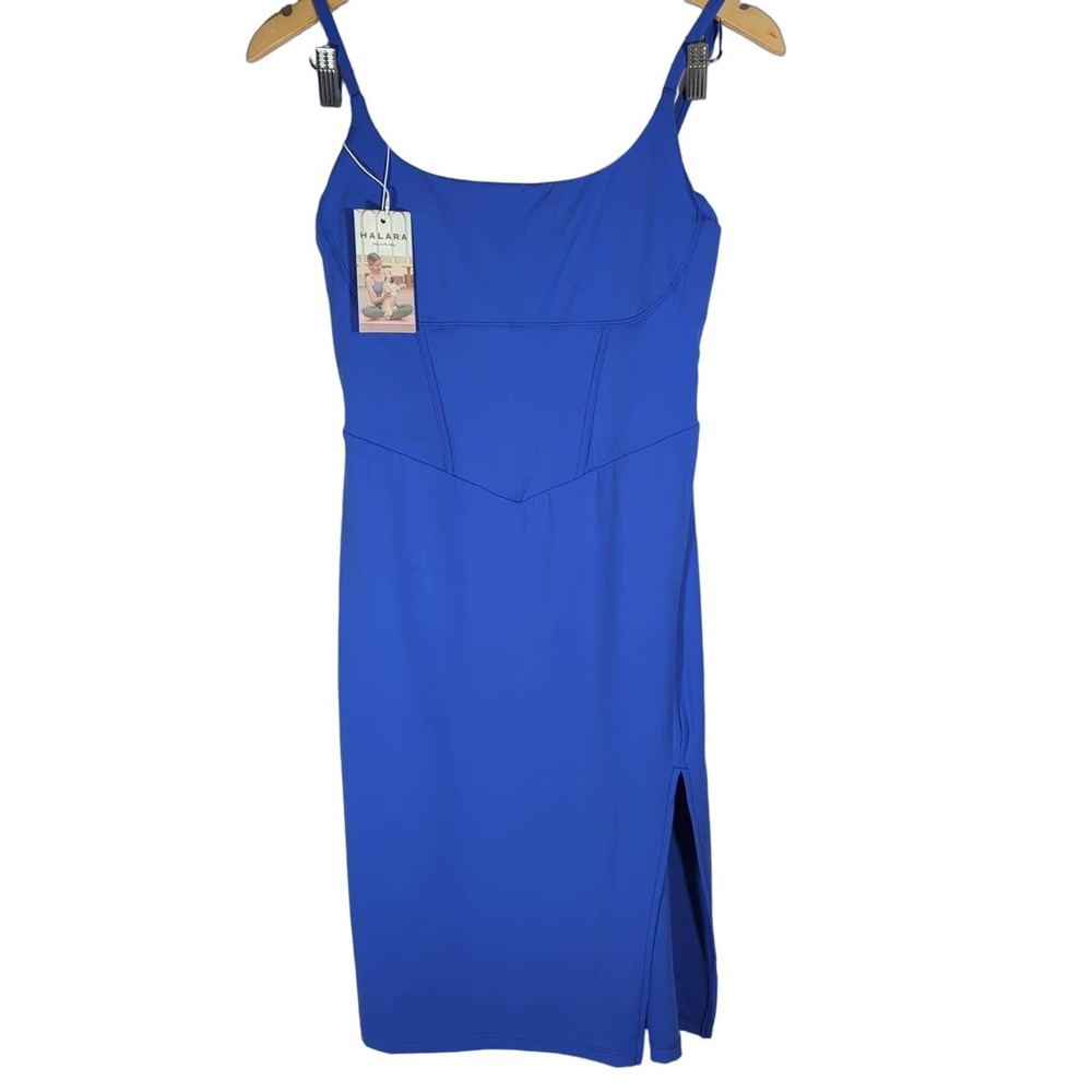HALARA Blue Square Neck Corset Detail Midi Dress With Slit Size S
